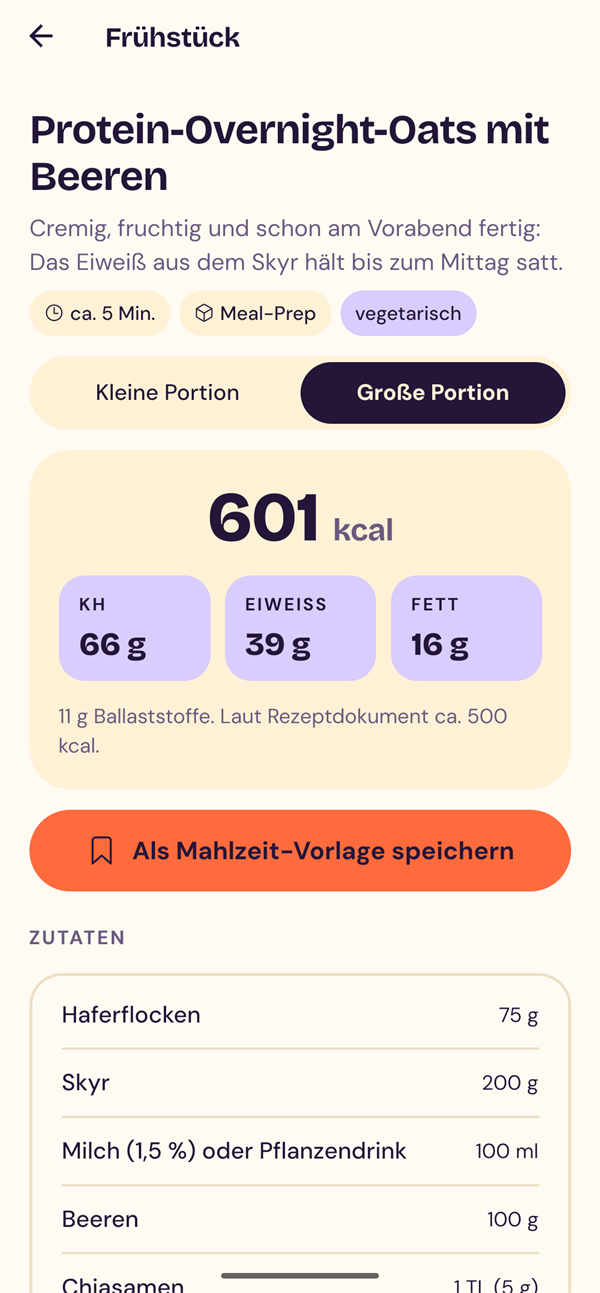 Rezept mit Kalorien, Nährwerten, Portionsgröße und Zutaten.