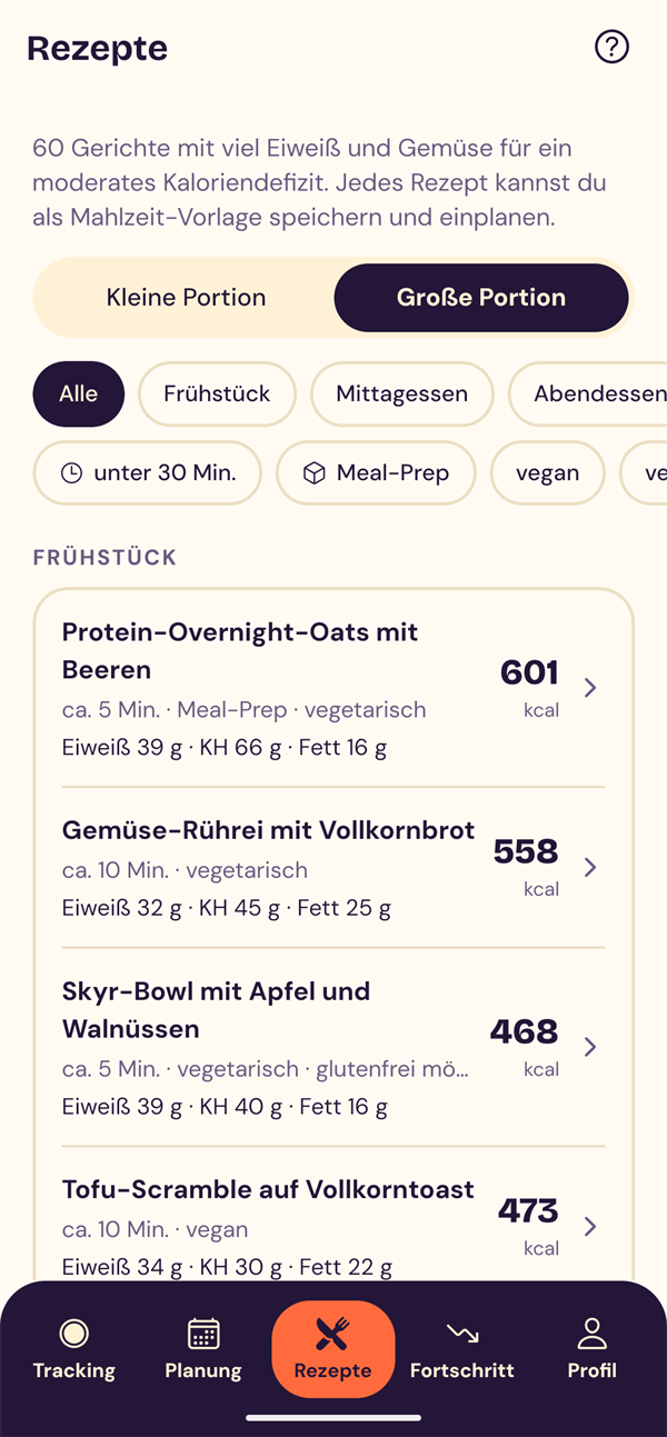 Rezeptliste mit Filtern für Mahlzeit, Zeit, Meal-Prep und Ernährungsform.