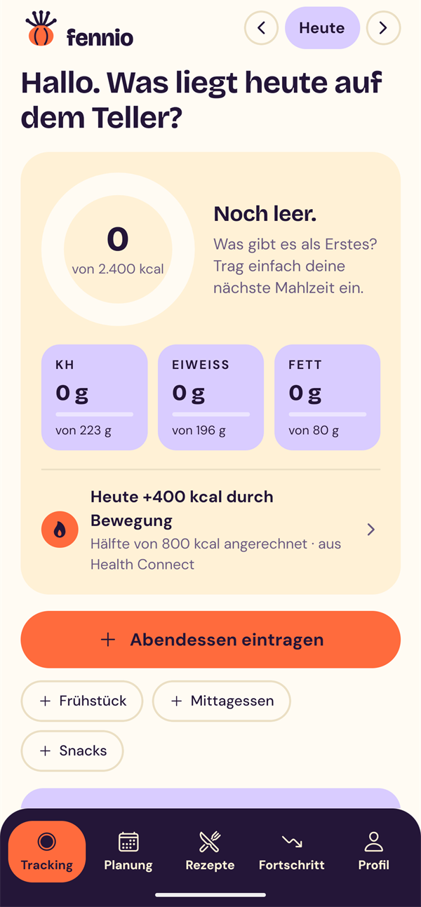 Tagesübersicht mit Ring, Nährwerten und Bewegung.